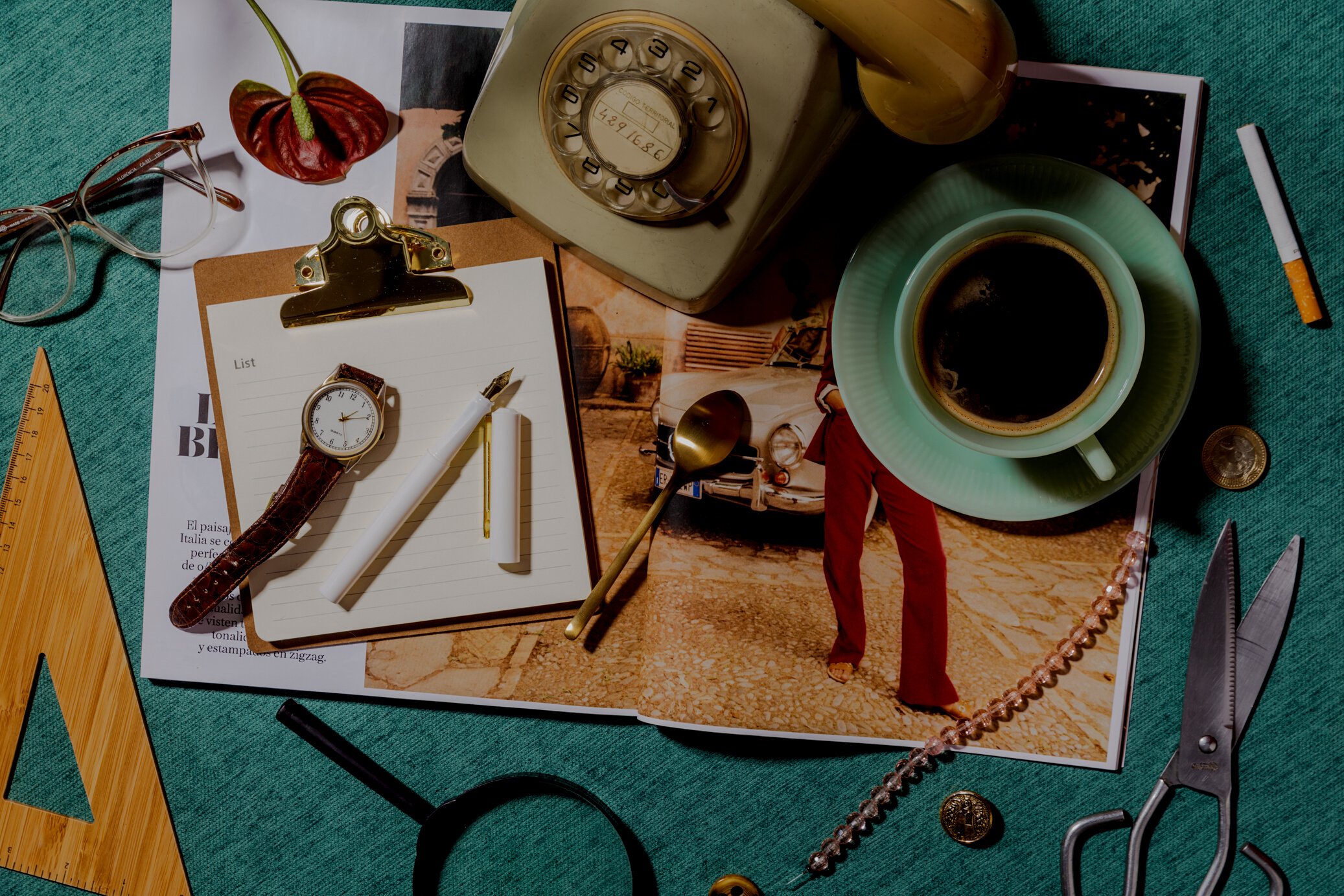 Retro Telephone, Books and Coffee on Wooden Desk